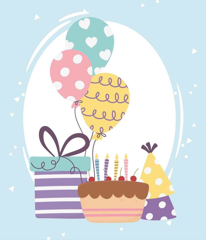 happy day, cake with gift box balloons and party hat vector