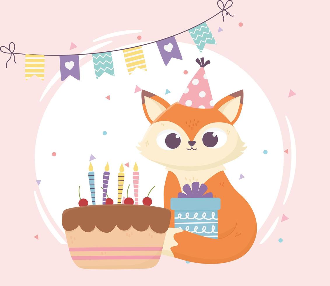 feliz día, pequeño zorro sentado con regalo y pastel vector