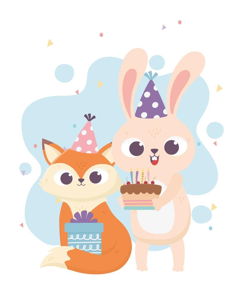 feliz día, conejo zorro con pastel de gorro de fiesta y regalo vector