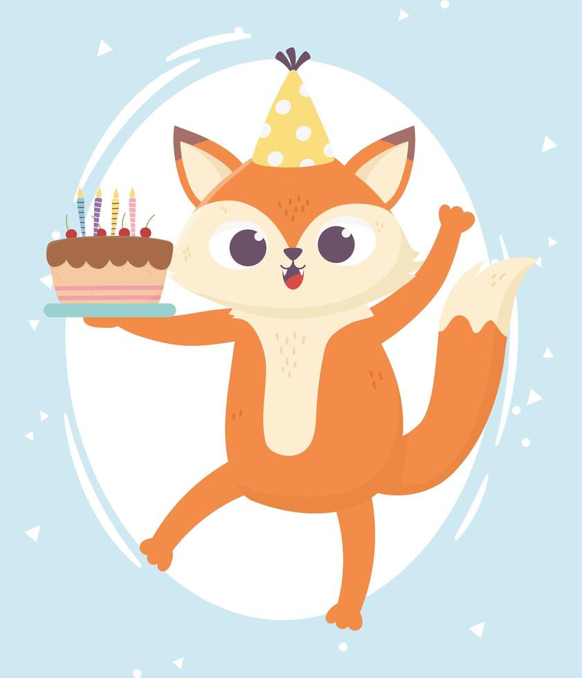 feliz dia, zorrito con sombrero y pastel dulce vector