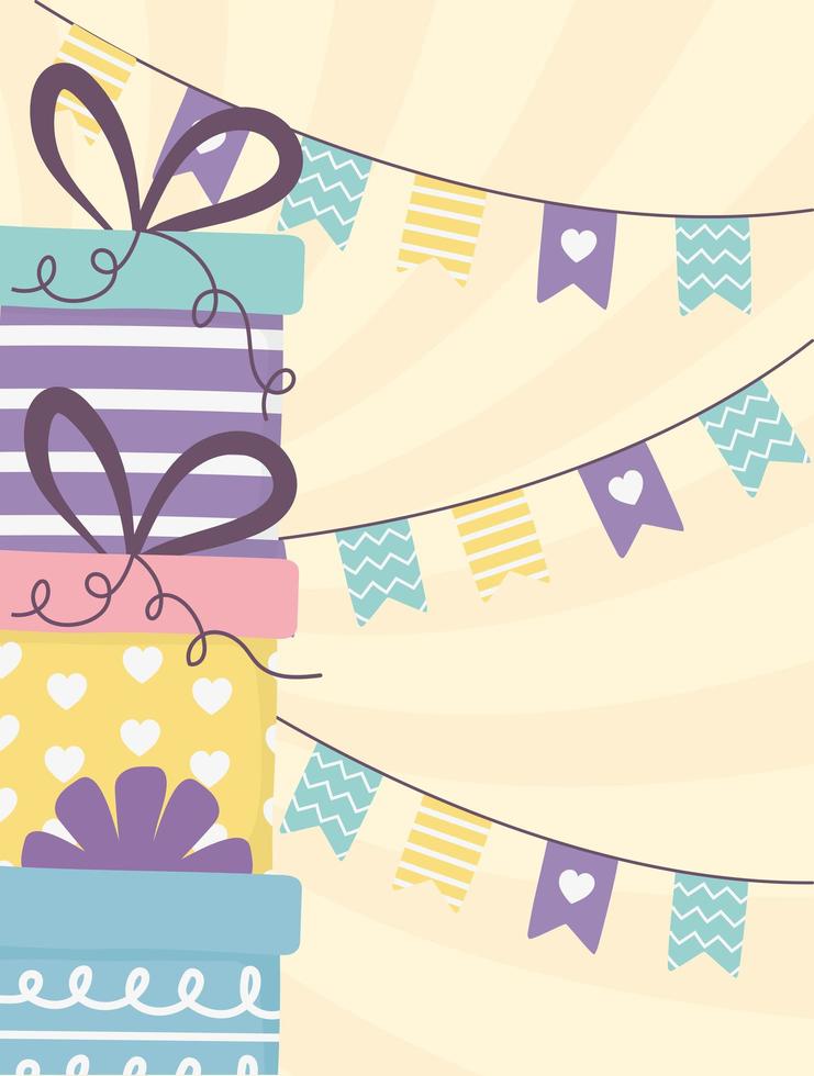 happy day, stacked gift boxes and pennants decoration vector