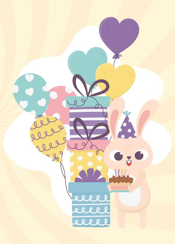 feliz día, conejo con gorro de fiesta, pastel, regalos y globos apilados  4157524 Vector en Vecteezy