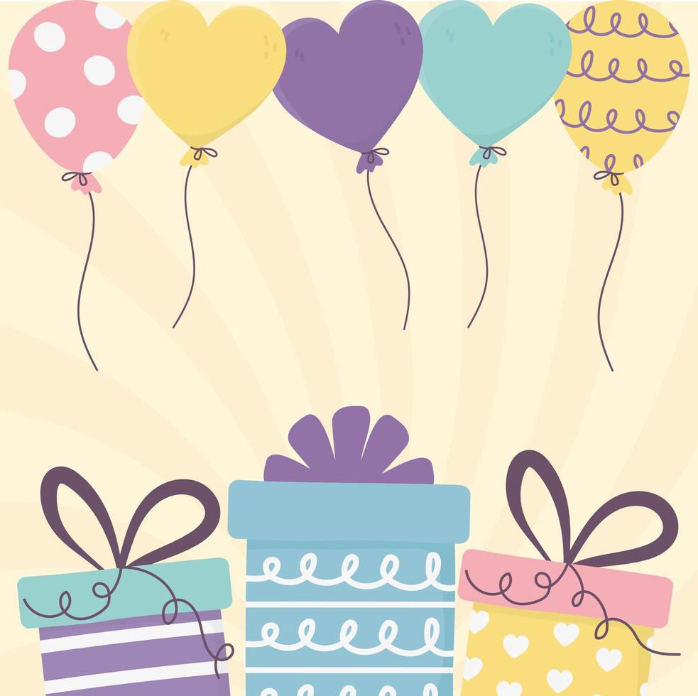 happy day, gift balloons shaped hearts decoration celebration vector