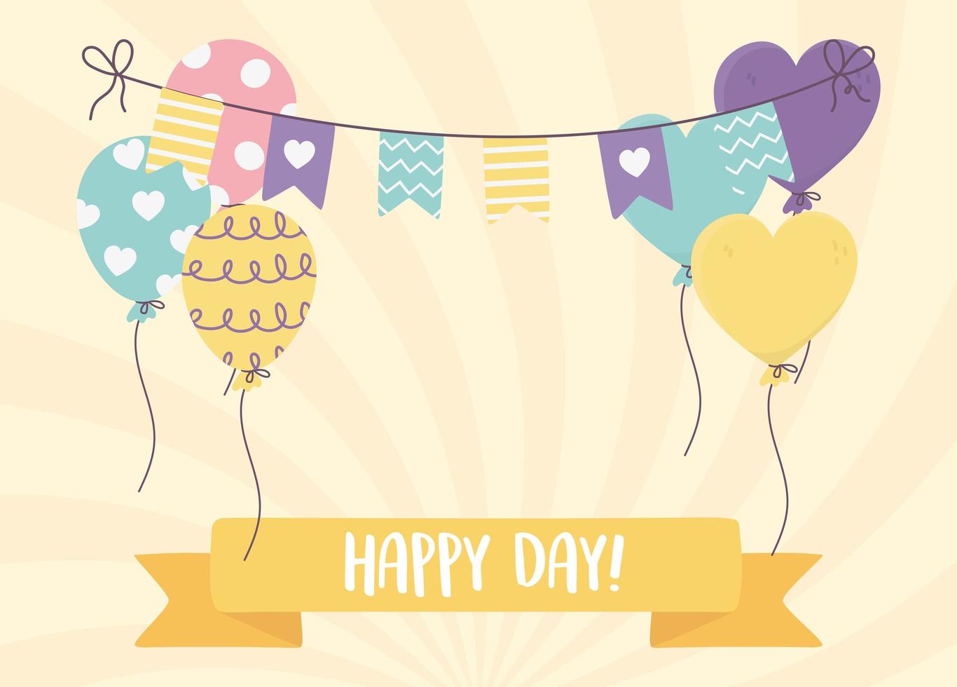 happy day, balloons pennants decoration ribbon vector