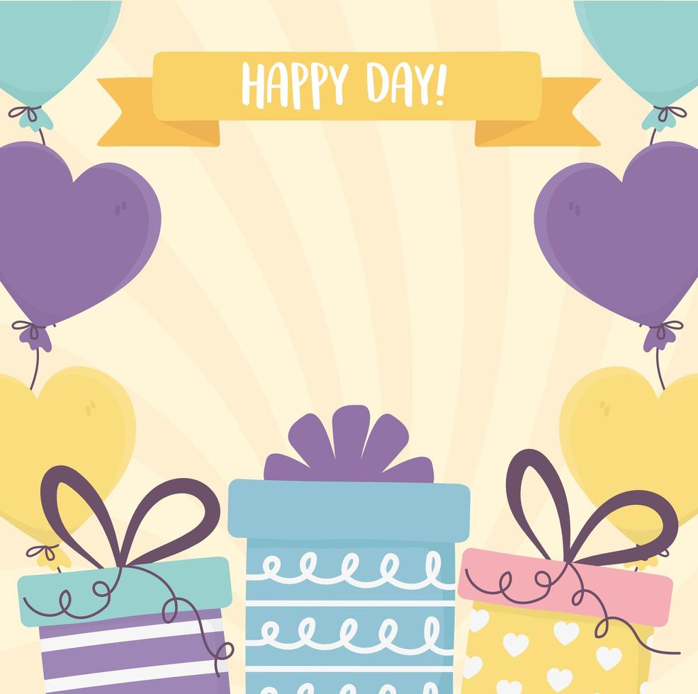 happy day, gift boxes balloons shaped hearts ribbon decoration vector
