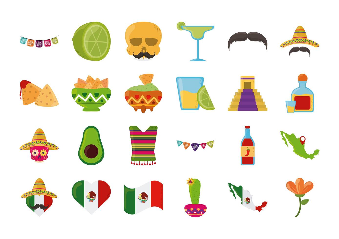 cinco de mayo mexican celebration festive party national icons set flat style icon vector