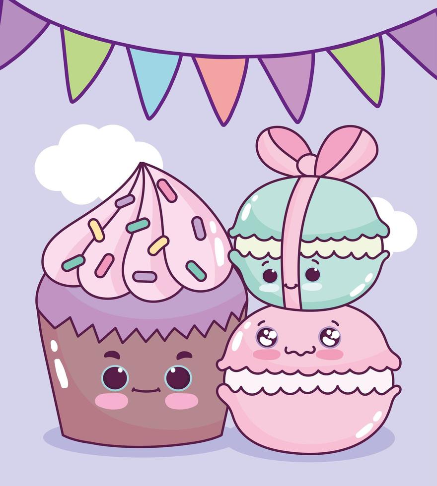 linda comida cupcake y macarrones postre dulce pastelería dibujos animados vector