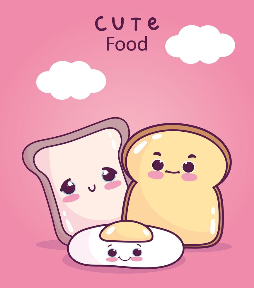 cute food breakfast slice bread and fried egg sweet dessert pastry cartoon vector