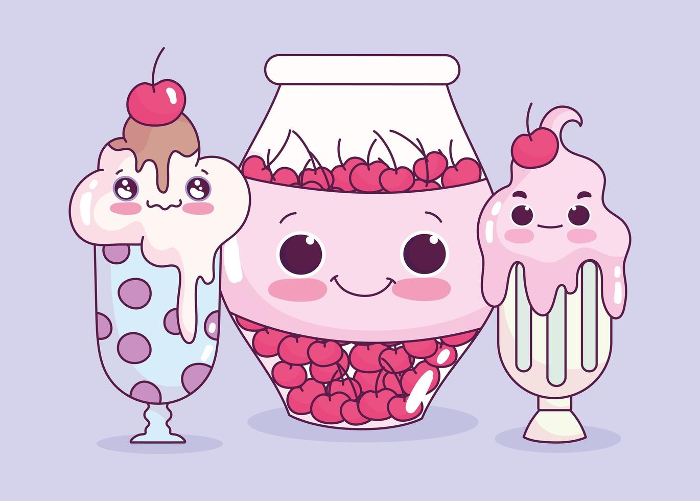 Copas de helado de comida linda y tarro con cerezas postre dulce pastelería dibujos animados vector