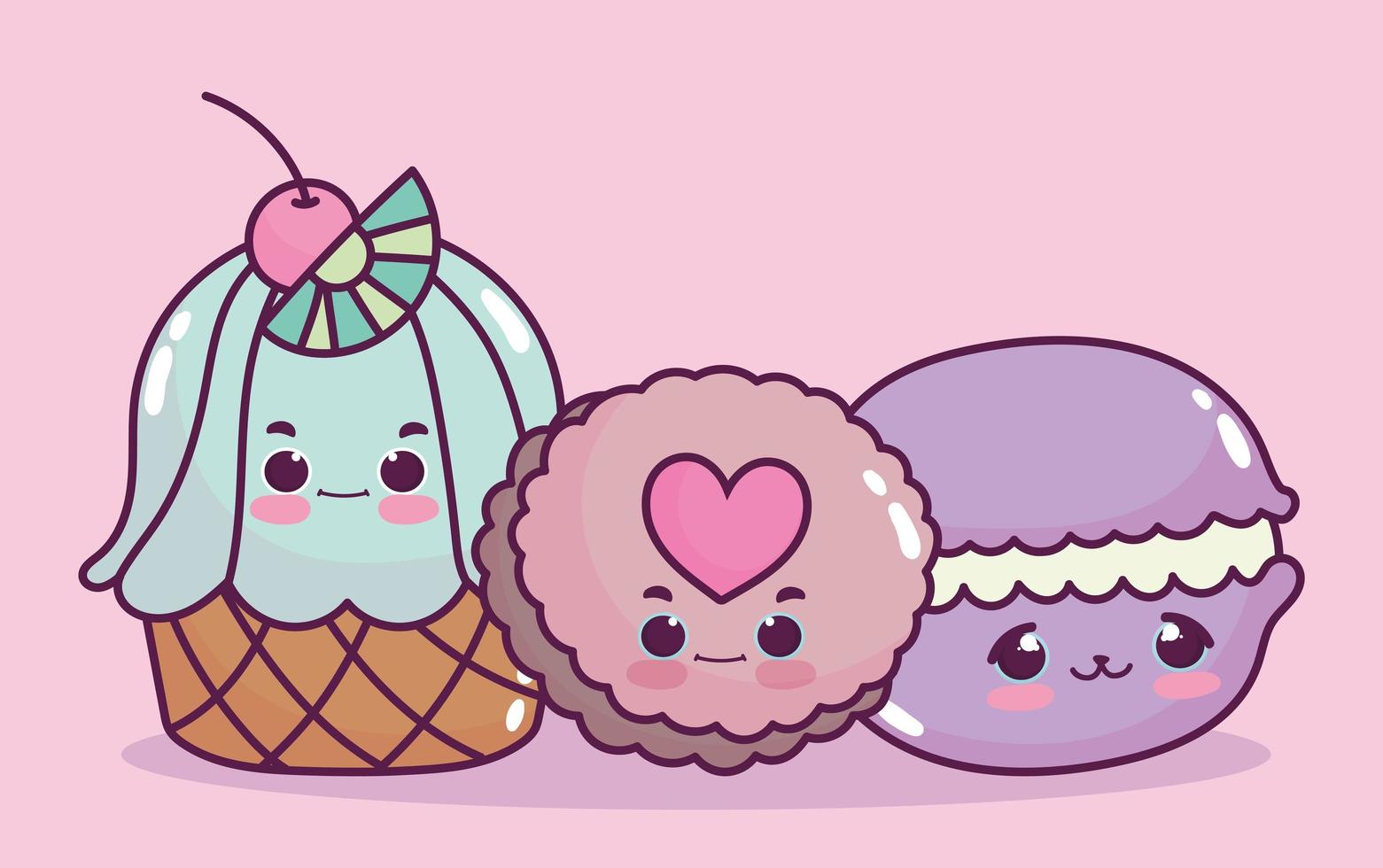 linda comida cupcake galleta y macarrón postre dulce pastelería dibujos animados vector