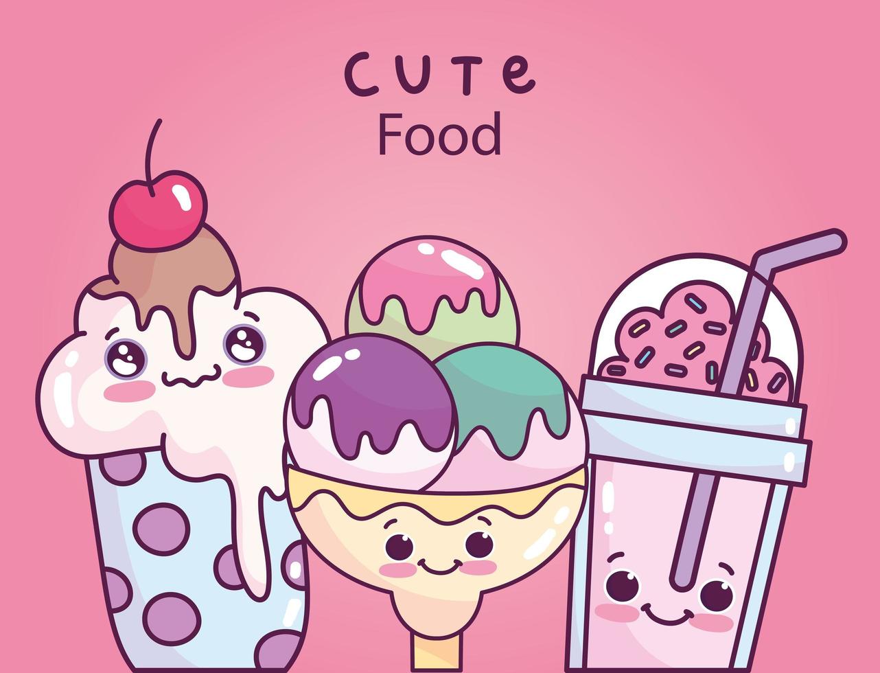 cute food ice cream scoops in glass and milkshake sweet dessert pastry cartoon vector
