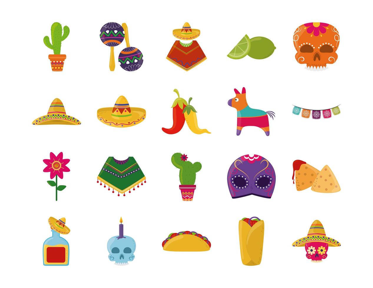 cinco de mayo celebración mexicana fiesta festiva iconos nacionales establecer icono de estilo plano vector