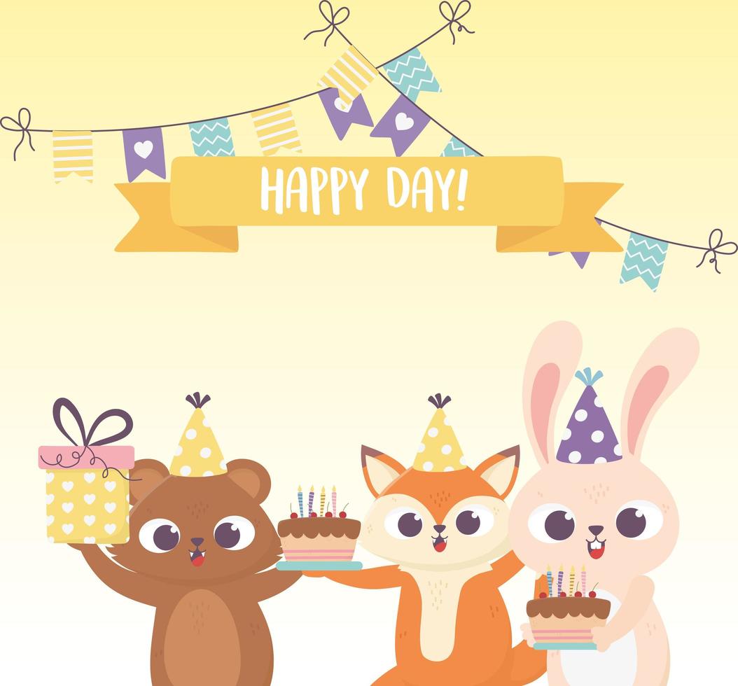 feliz día, conejo zorro y oso con sombreros, tortas, regalo vector