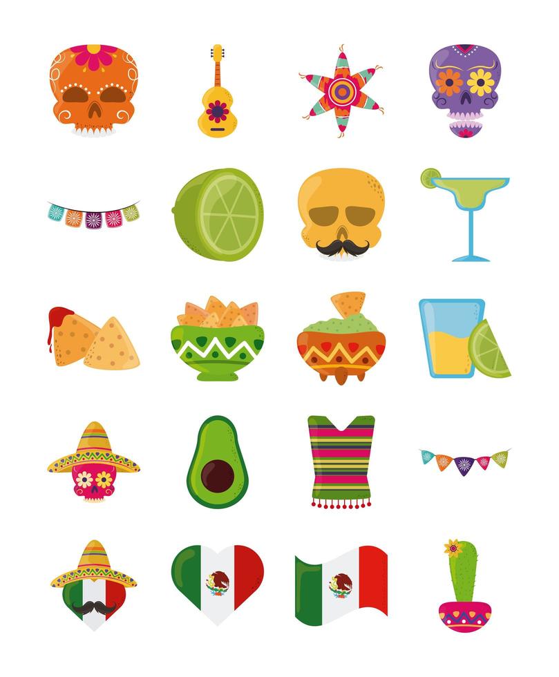 cinco de mayo mexican celebration festive party national icons set flat style icon vector