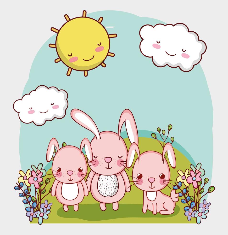 lindos animales, adorables conejitos en pasto con dibujos animados de  flores 4157766 Vector en Vecteezy