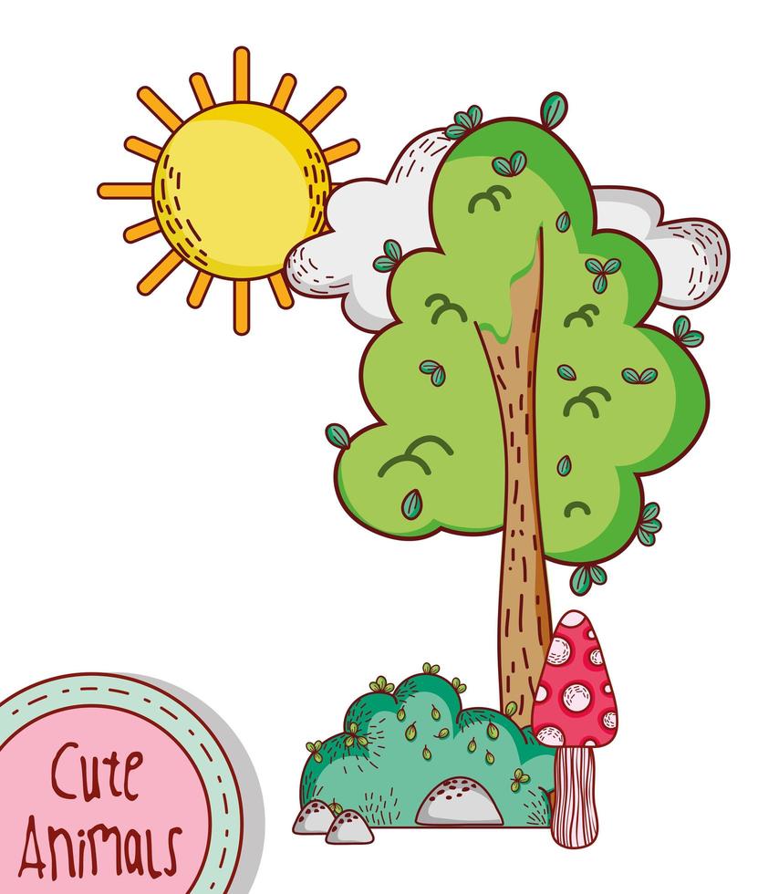 cute animals, tree bush mushroom sun cartoon vector