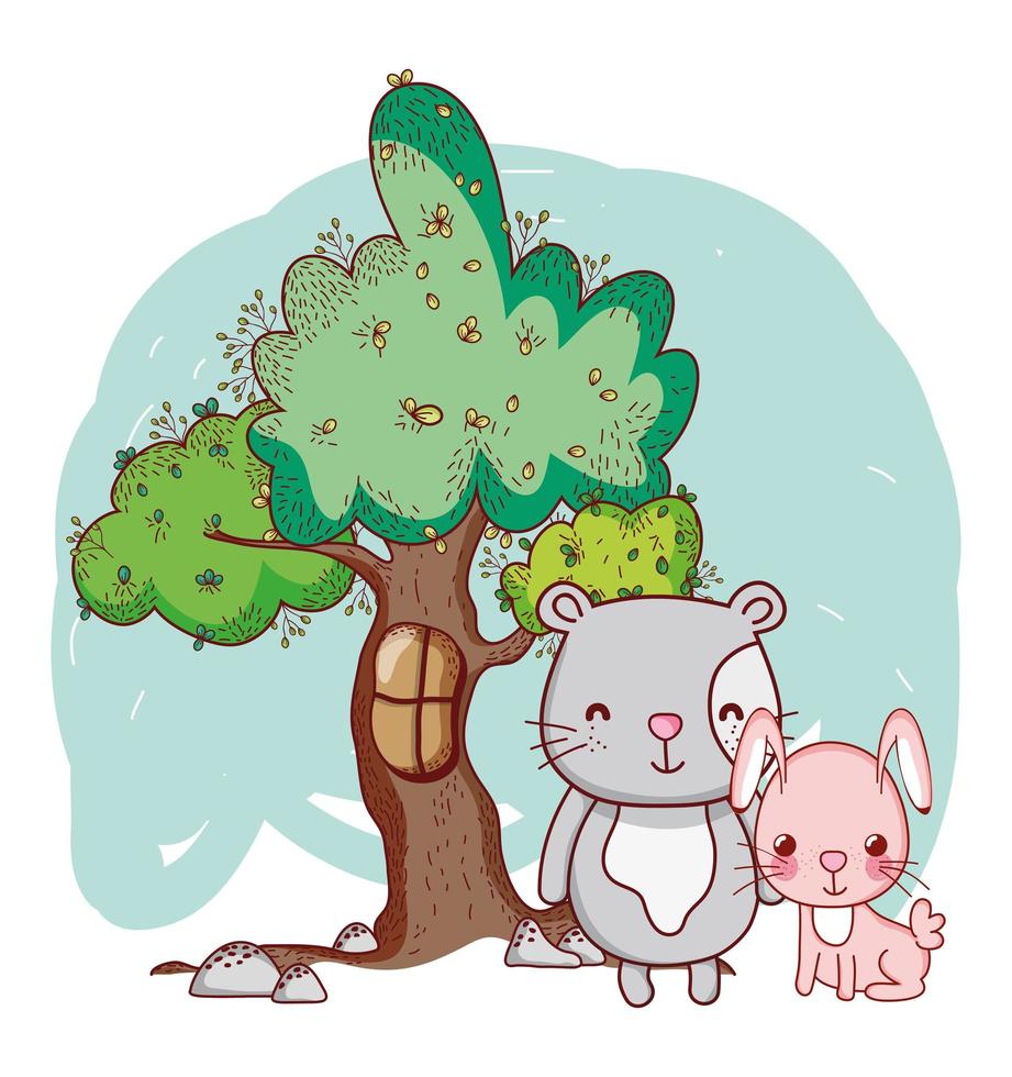 cute animals, pink rabbit with cat tree nature cartoon vector