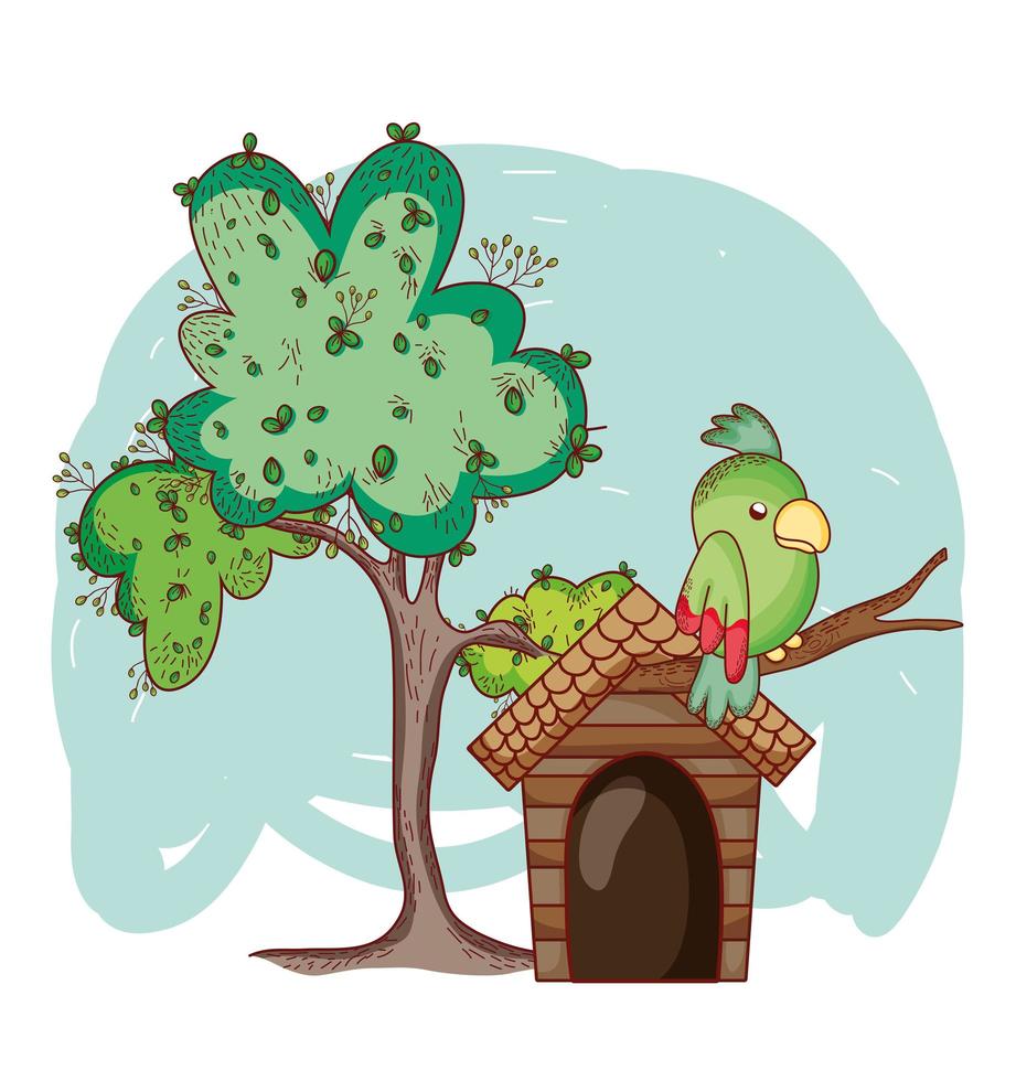 cute animals, parrots in branch tree house cartoon vector