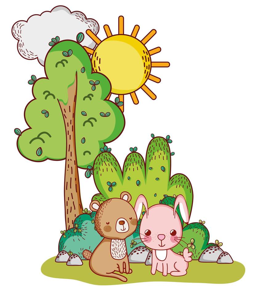 animales lindos, oso y conejo, follaje de árbol, sol, caricatura vector