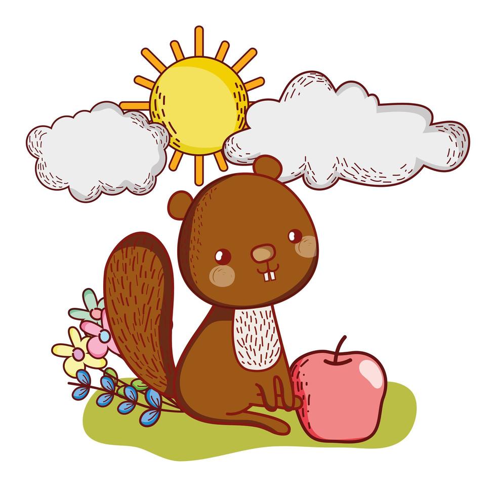 cute animals, little squirrel with apple flower sun cartoon vector