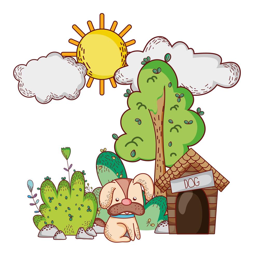 cute animals, little dog with house tree nature cartoon vector