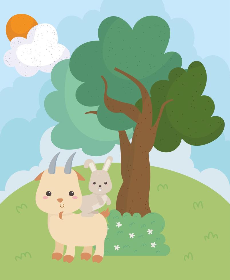 camping cute goat and rabbit bush tree grass sun clouds vector