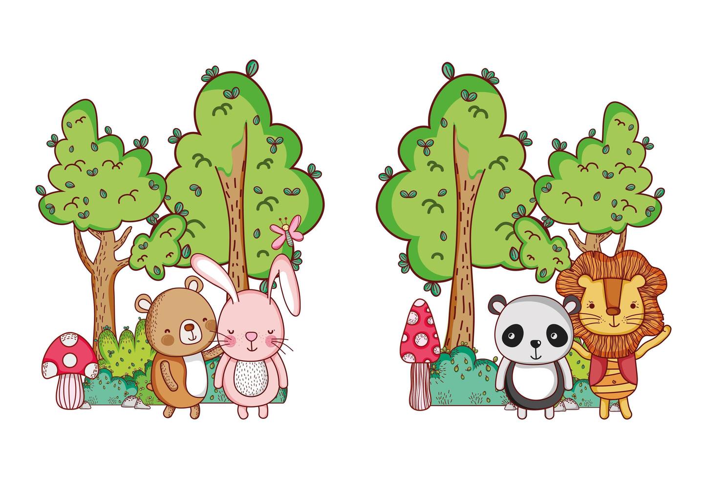 cute animals, rabbit bear lion and panda trees nature cartoon vector