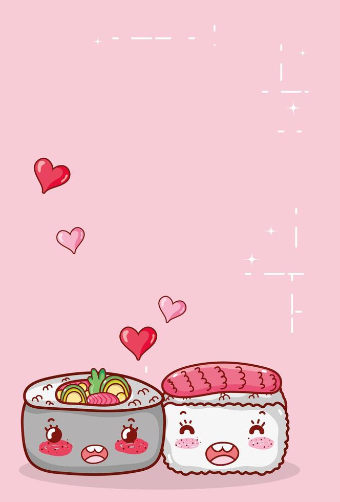 kawaii sushi y sopa comida ramen dibujos animados japoneses, sushi y rollos vector