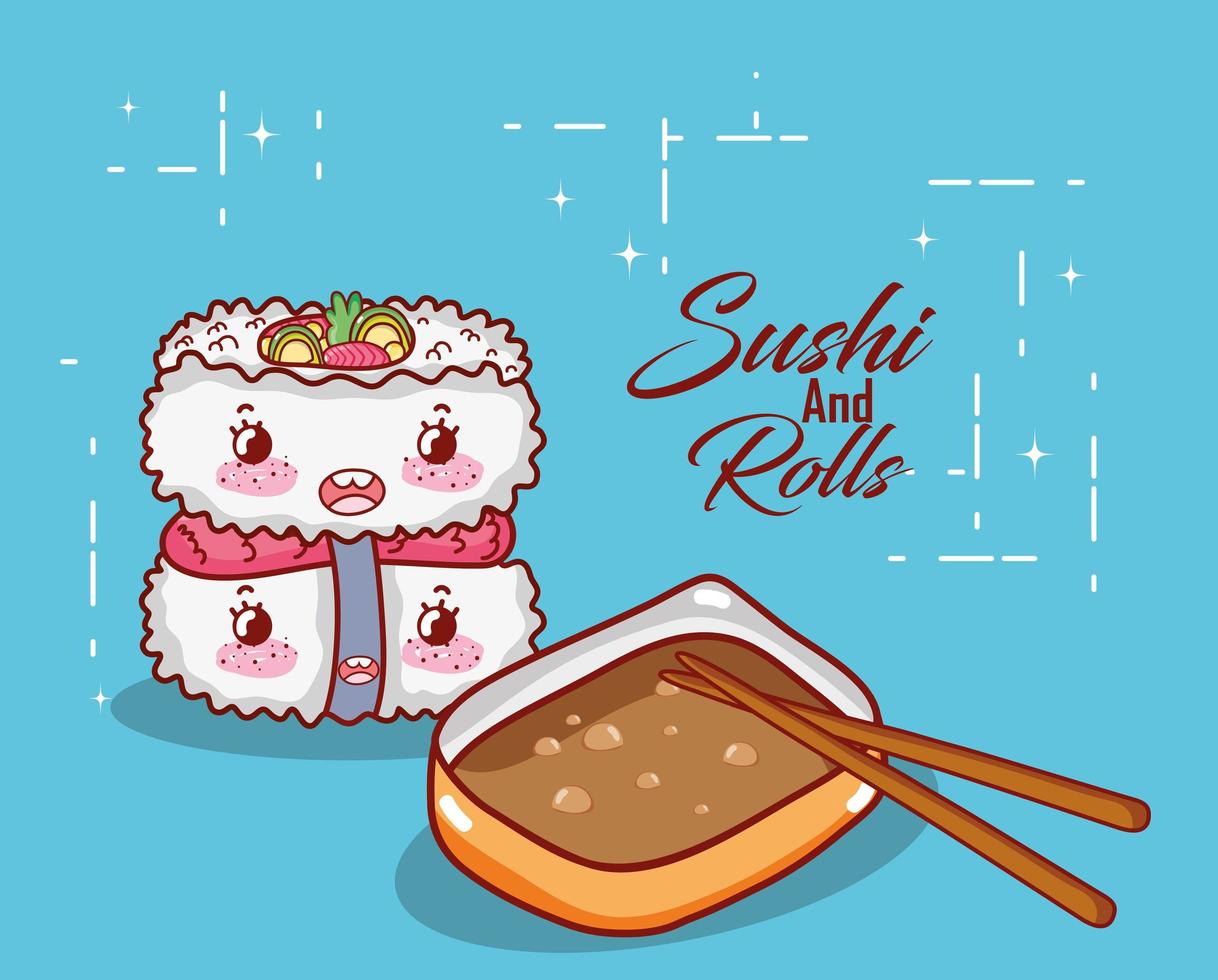 kawaii sushi arroz pescado salsa sitcks comida dibujos animados japoneses, sushi y rollos vector