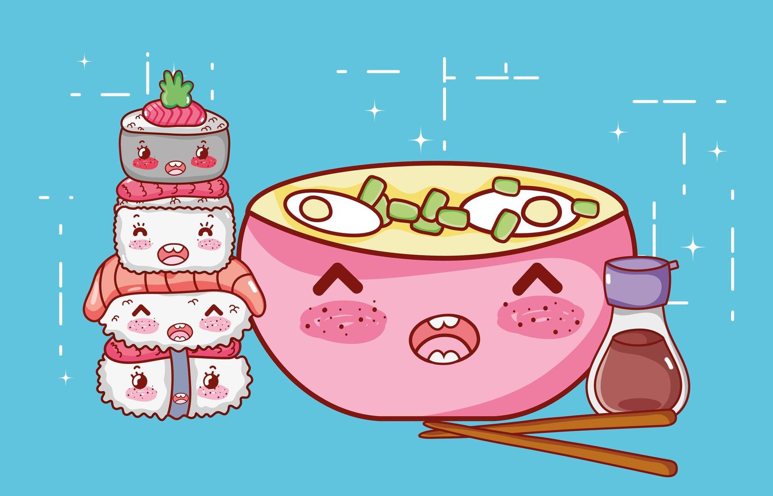 kawaii ramen soup sushi sake and chopsticks food japanese cartoon , sushi and rolls vector