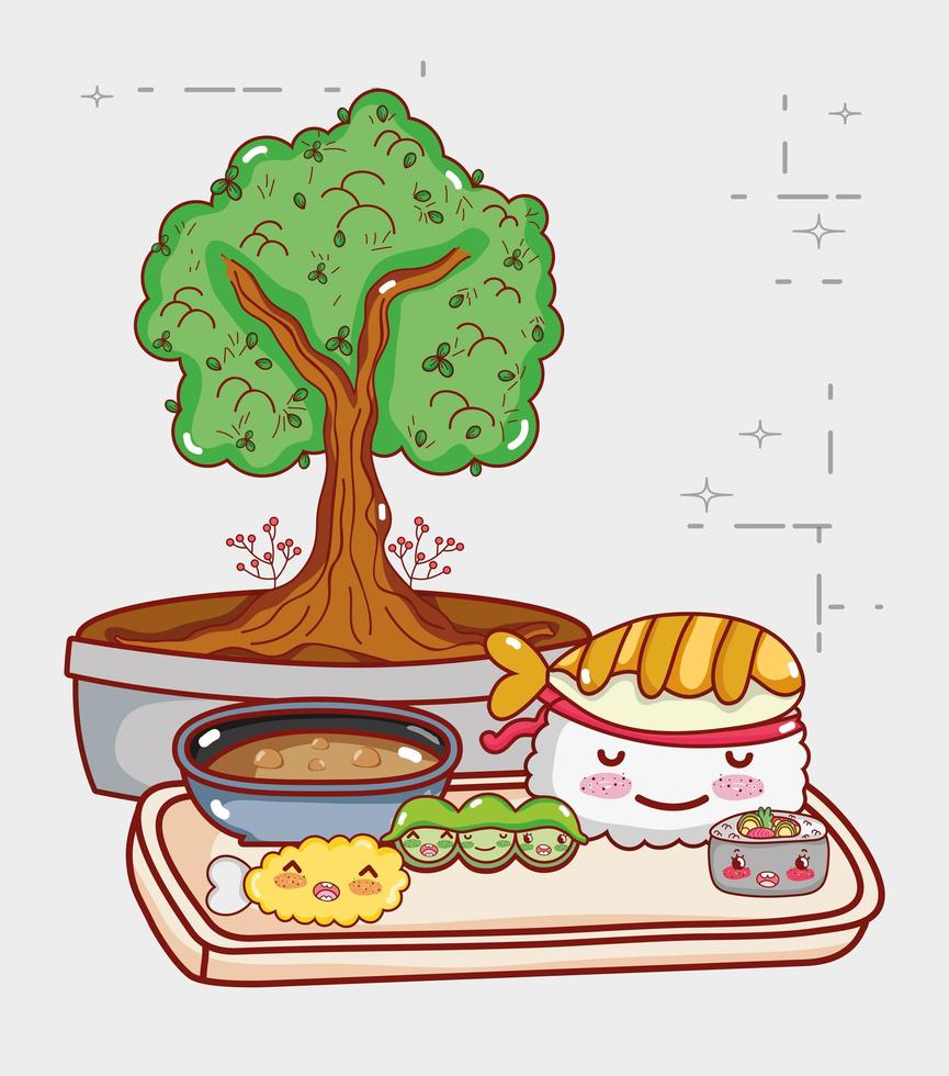 kawaii sushi peas tempura and potted bonsai japanese cartoon, sushi and rolls vector