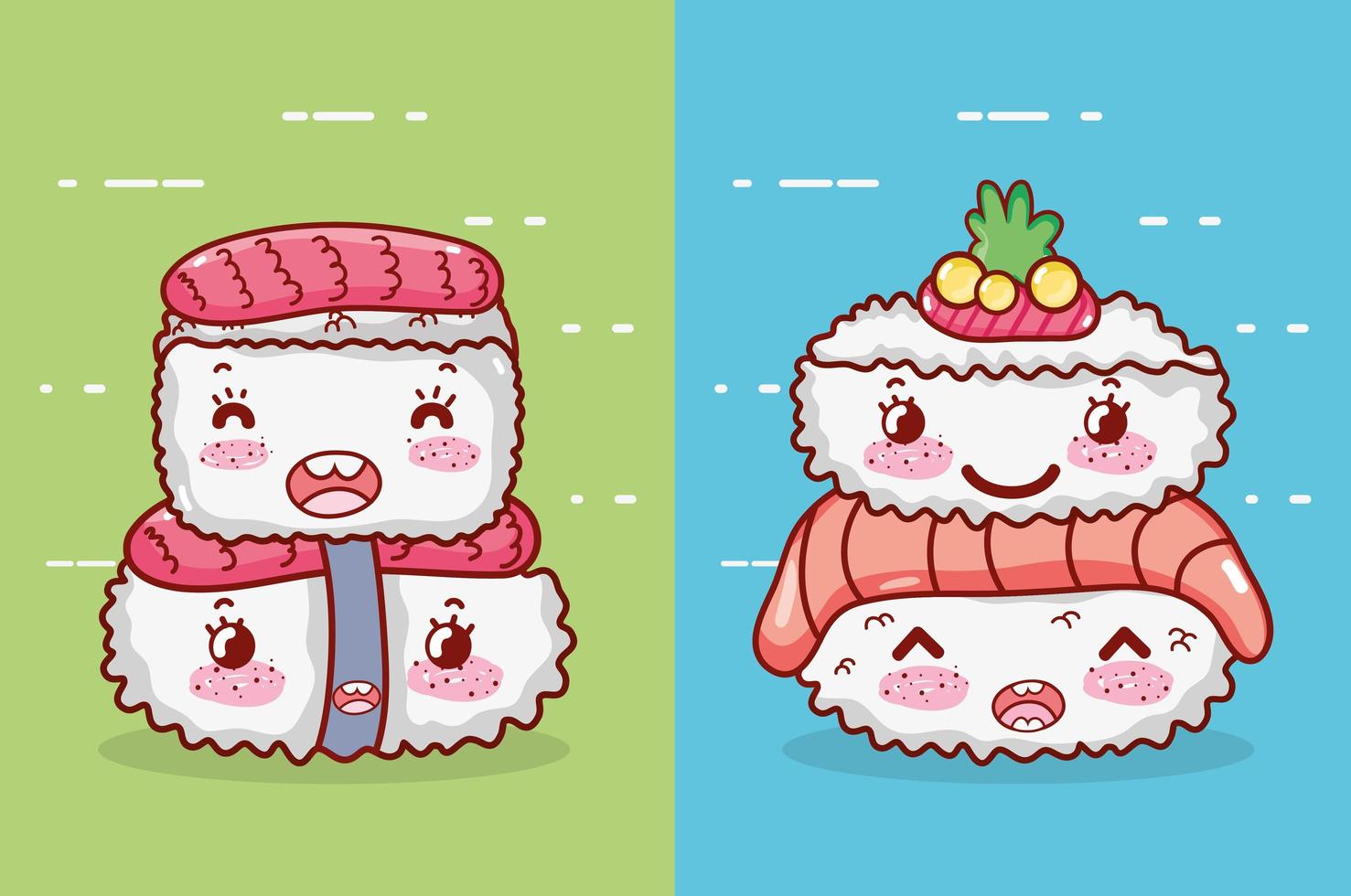 rollo de arroz kawaii pescado sushi comida wasabi dibujos animados japoneses, sushi y rollos vector