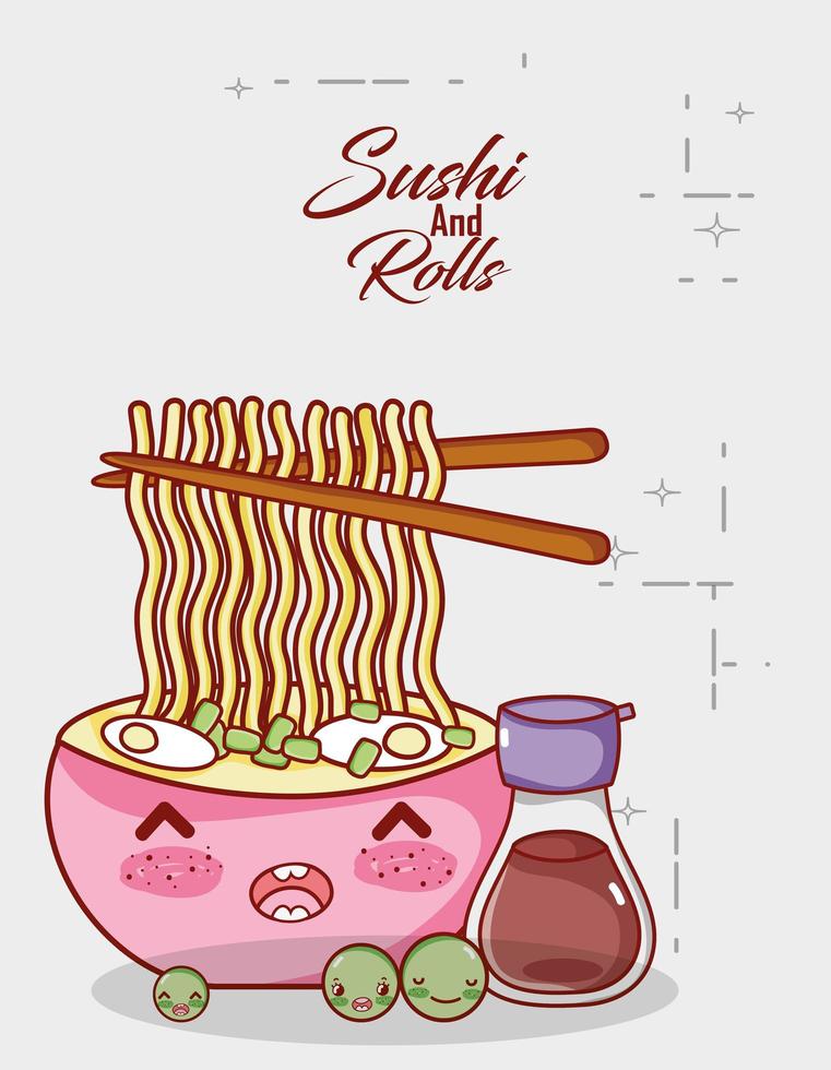 kawaii fideos sopa sake y guisantes comida dibujos animados japoneses, sushi y rollos vector