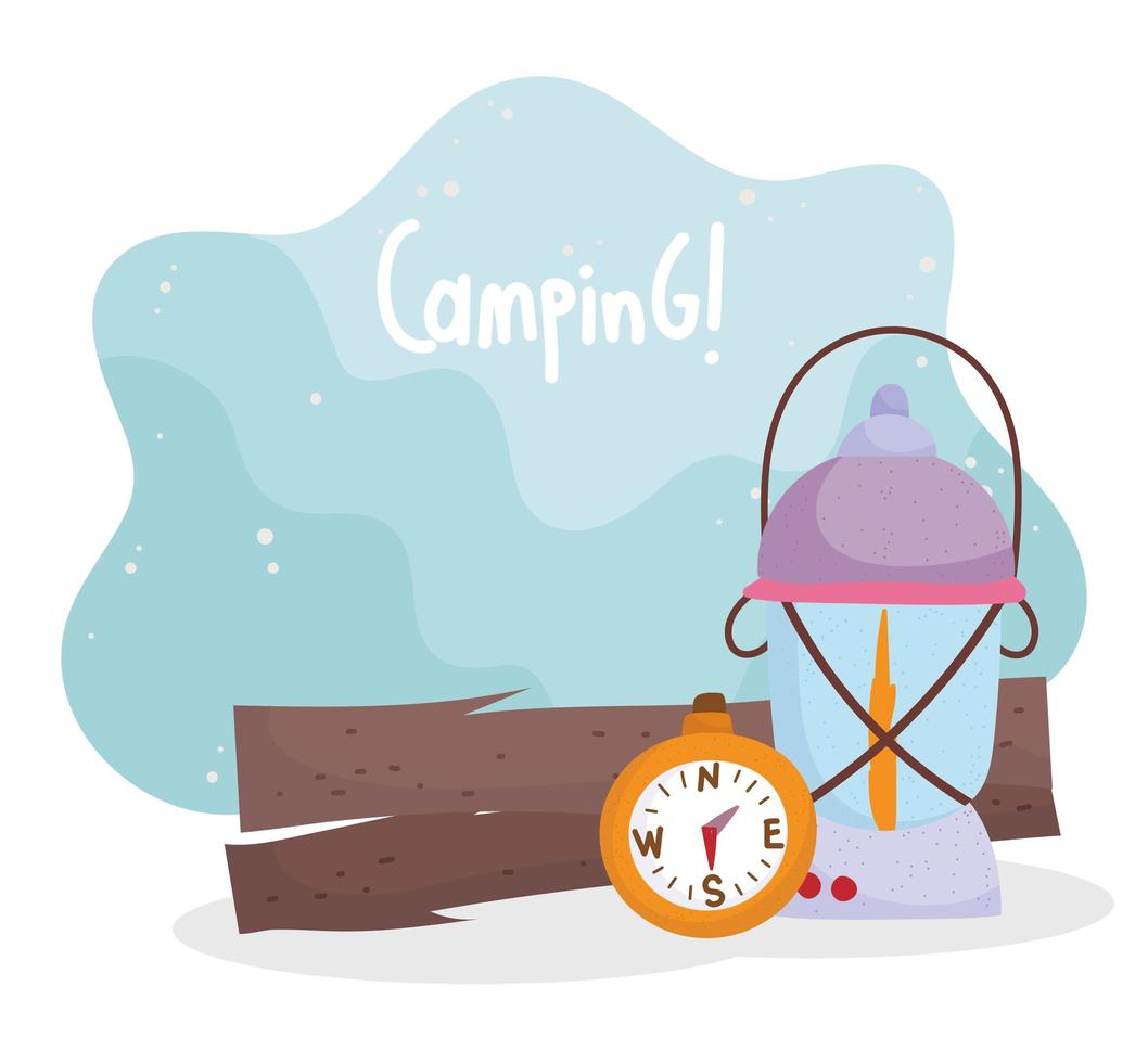 camping lantern and compass trunk equipment cartoon vector