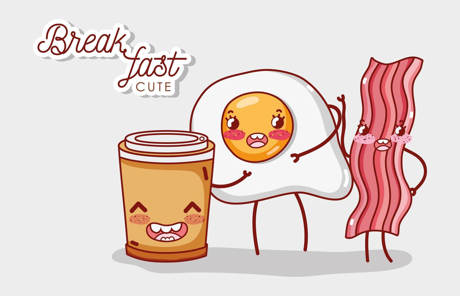 desayuno lindo tocino huevo frito y taza de café de plástico dibujos animados vector