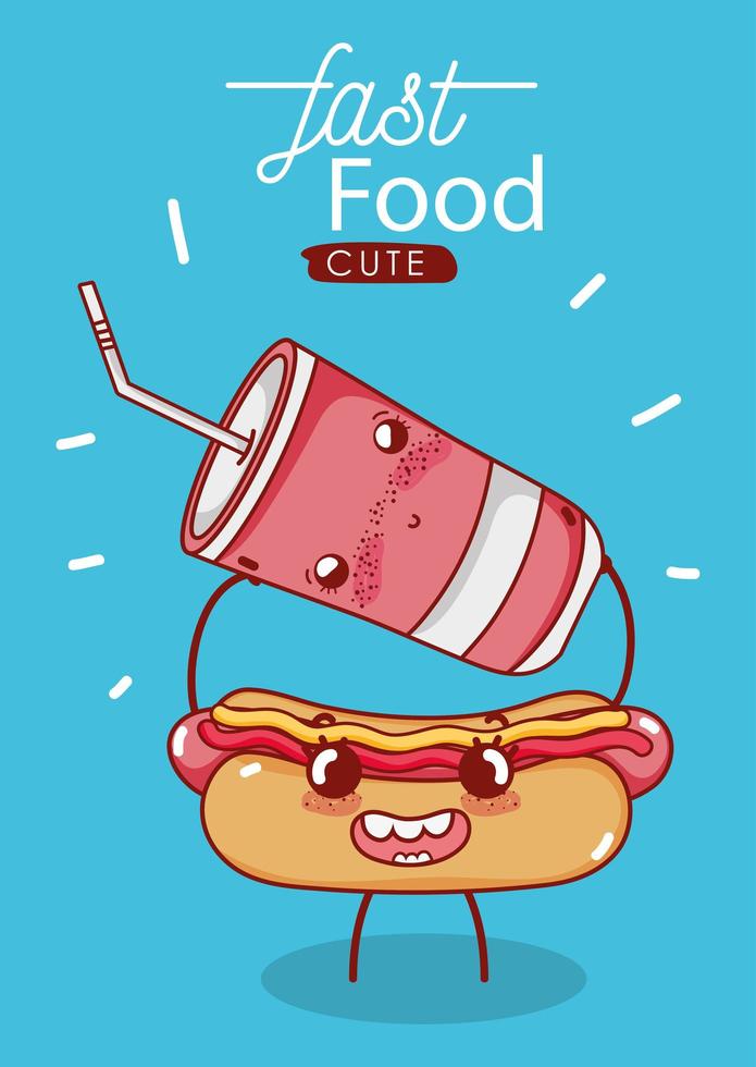 fast food cute hot dog and plastic cup with cartoon vector