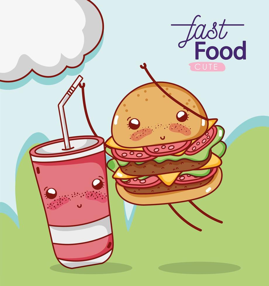 fast food cute burger and plastic cup playing in outdoor cartoon vector