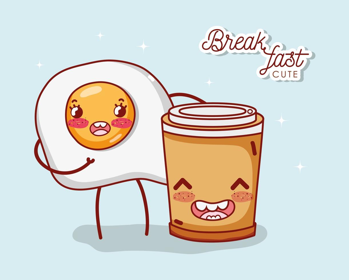 breakfast cute fried egg and plastic coffee cup cartoon vector