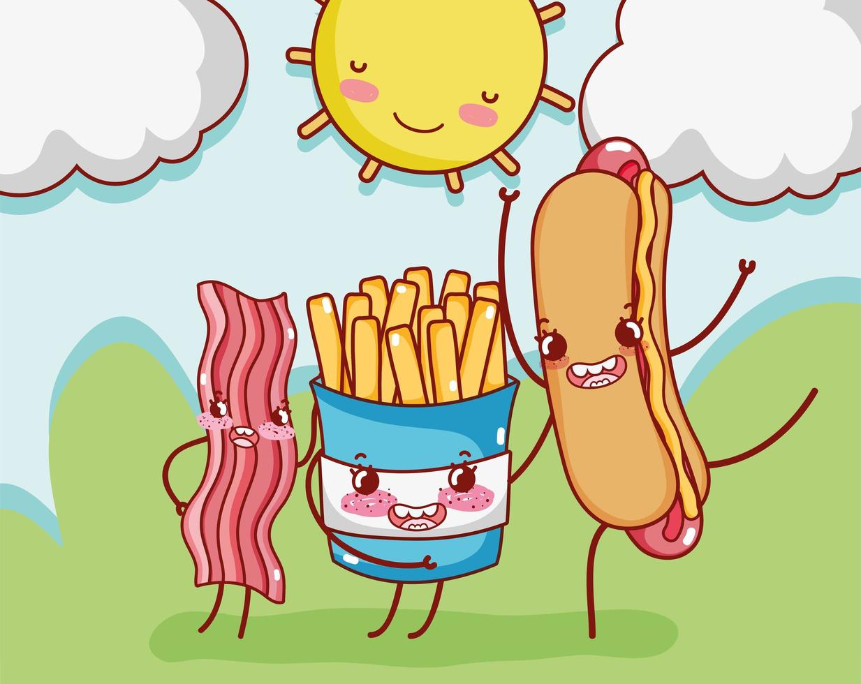 comida rápida, lindo, papas fritas, tocino, y, hot dog, en, caricatura vector