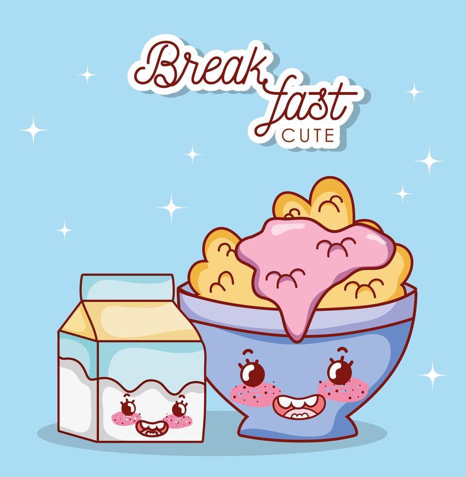 breakfast cute bowl with cereal yogurt and milk box cartoon vector