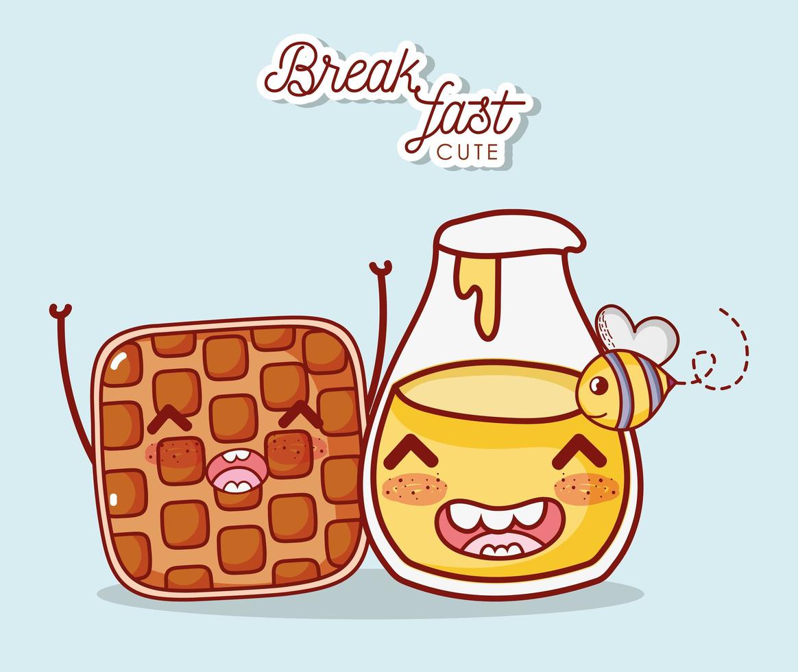 fast food waffle and honey bottle bee cartoon character vector