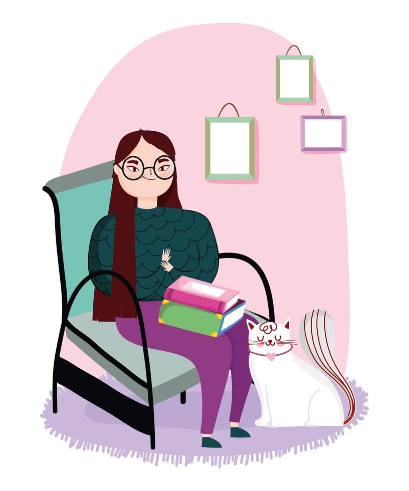mujer joven sentada con libros en las piernas y gato, día del libro vector