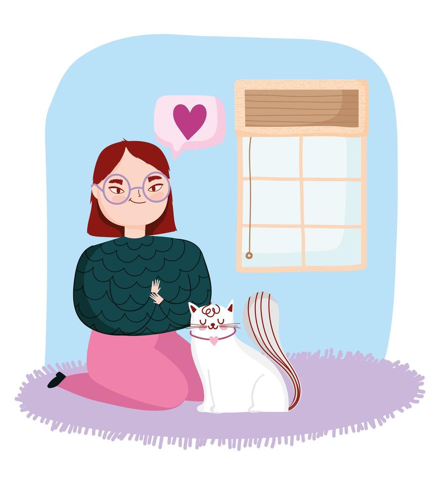 young woman on the knees with white cat in carpet vector