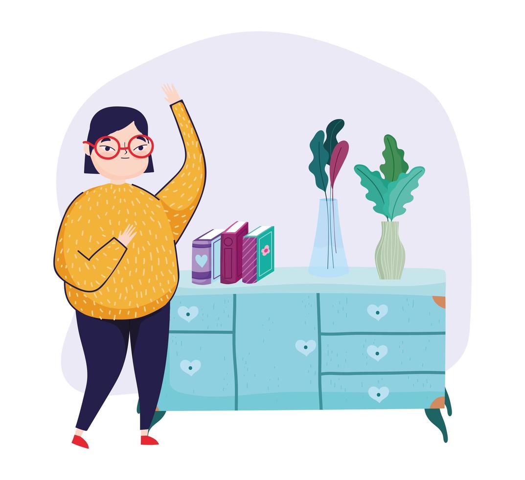 Mujer joven con vasos y muebles, jarrón de libros con planta, día del libro vector