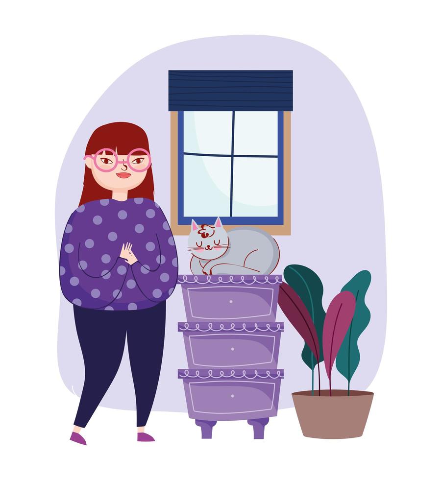 mujer joven, con, gato, en, muebles, cajones, planta vector
