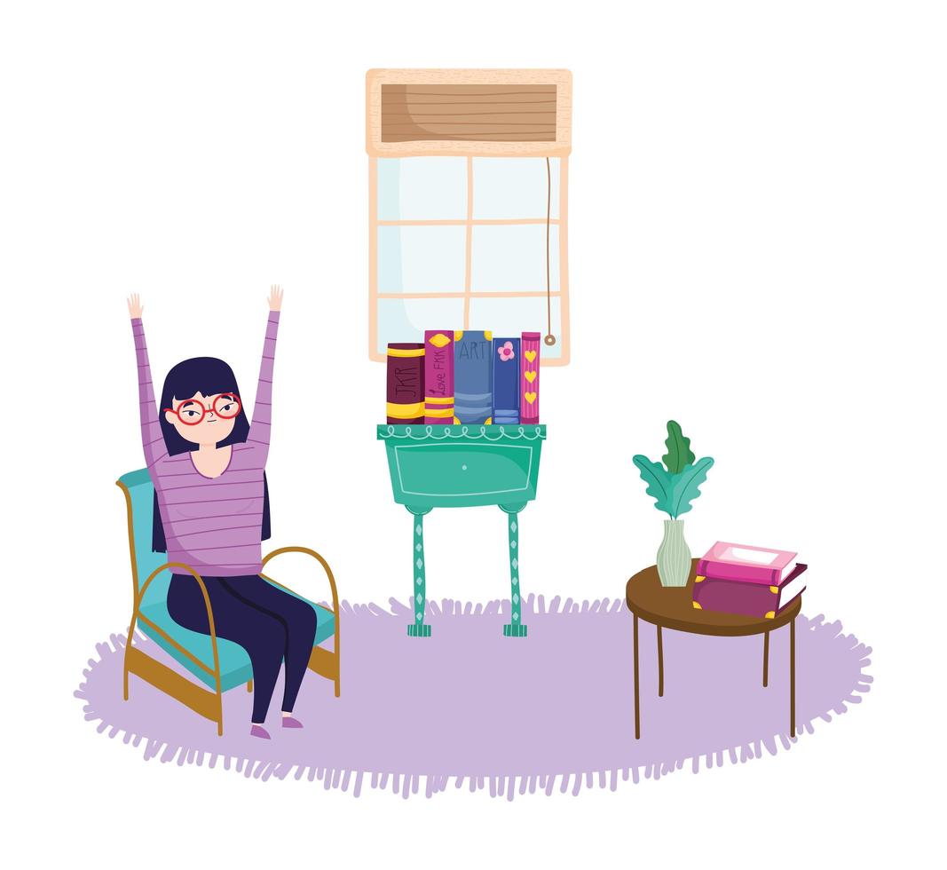 mujer joven, manos arriba, en, silla, con, muebles, libros, día del libro vector