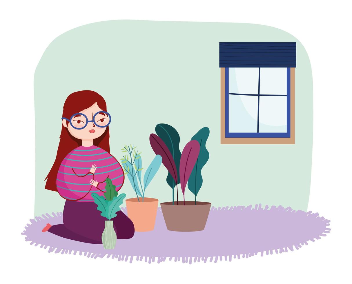 mujer joven, en, alfombra, con, plantas en macetas, habitación, ventana vector