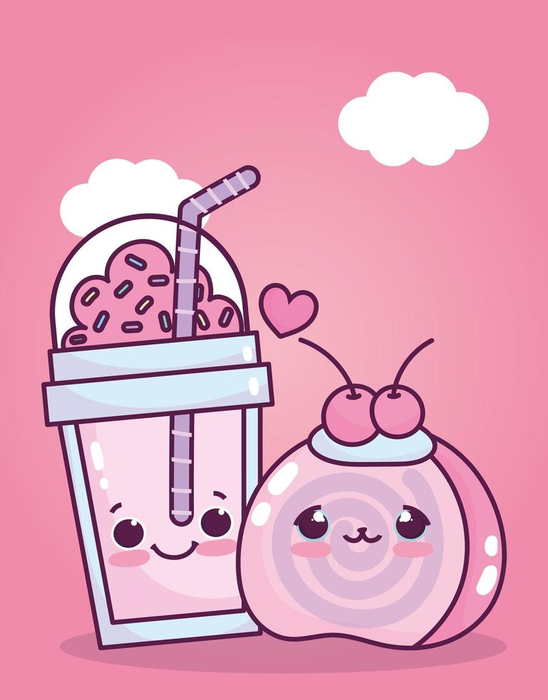 cute food disposable cup smoothie and fruit sweet dessert pastry cartoon vector