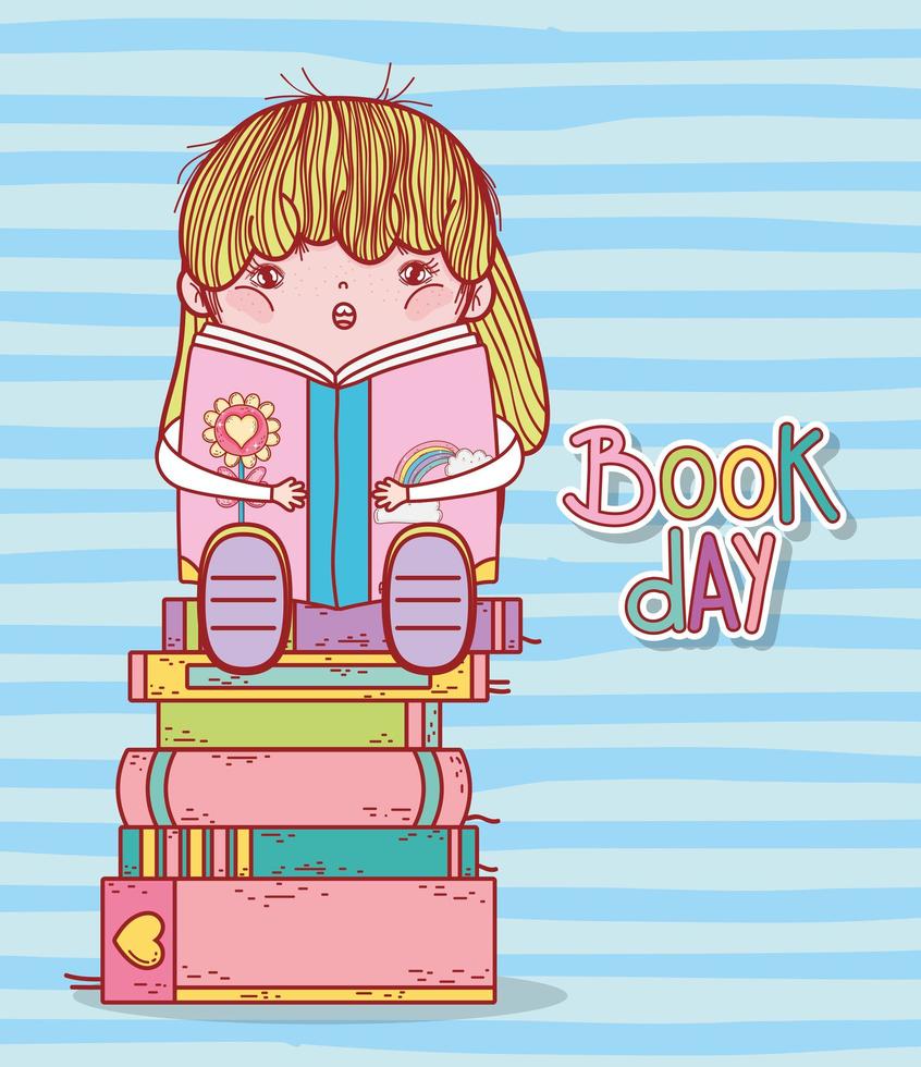 libro de lectura de niña en libros apilados fondo rayado de dibujos animados vector