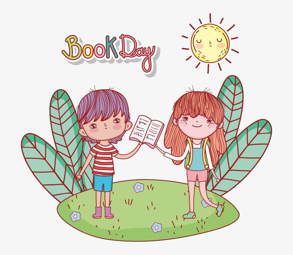 little girl and boy with open book in the park vector